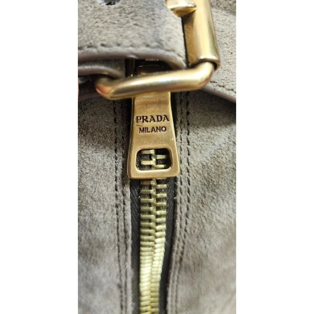 Prada Suede Mid Calf Moto Boots 37.5 Beige Taupe Leather Lined Lug Sole Side Zip - Picture 10 of 15